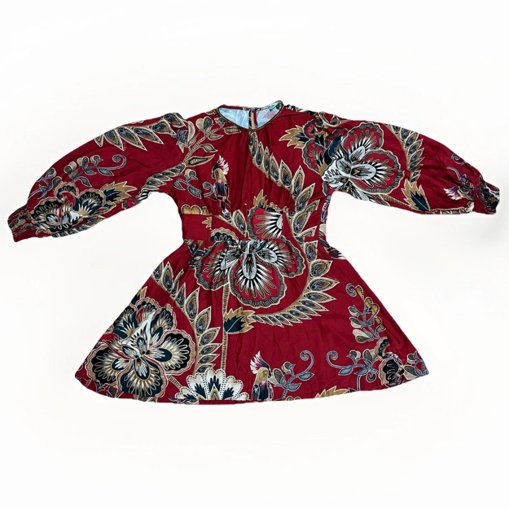 🇧🇷 Farm Rio Women's Red Floral Jungle Short Mini Dress Blouse Bird Paradise L